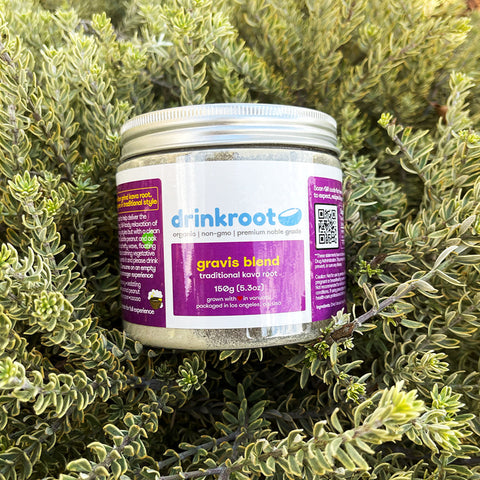 Jar of Gravis Traditional kava powder — premium heavy blend offering warm peanut-oak flavor, deep full-body calm, and long-lasting nighttime relaxation.