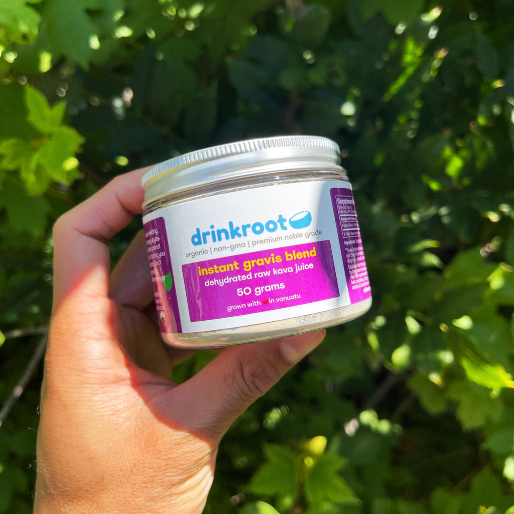 Gravis Instant Kava jar blended for deep body relaxation, warm calm, and restful nighttime ease.