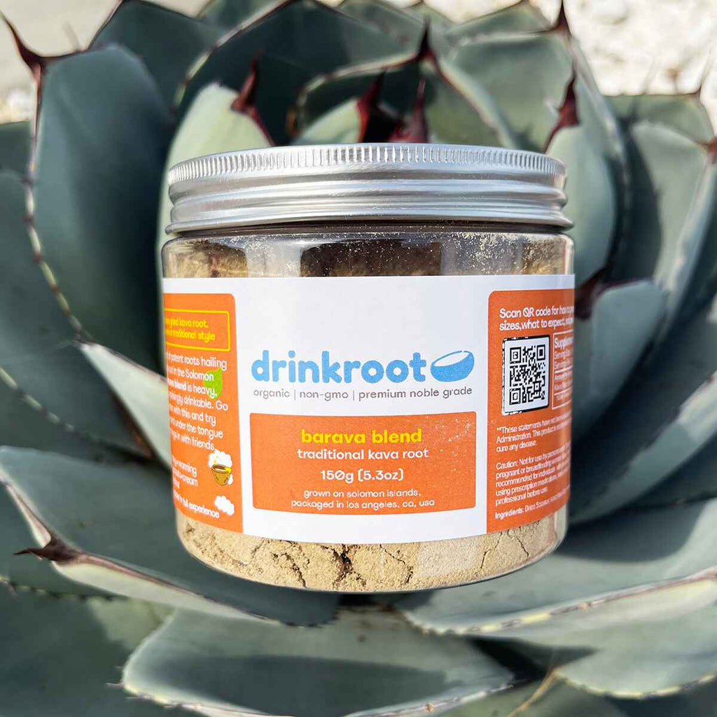 Barava Traditional Kava jar showcasing a creamy walnut depth, warming body calm, and peaceful evening ease.