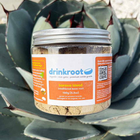 Barava Traditional Kava jar showcasing a creamy walnut depth, warming body calm, and peaceful evening ease.