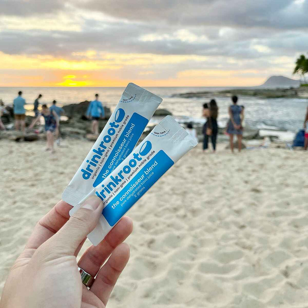 Connoisseur Instant Kava jar with packets designed for travel, ready calm and authentic island relaxation.