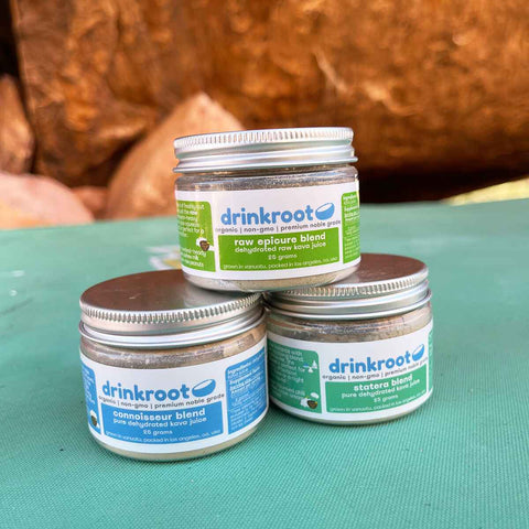 Kava Variety Pack jar set emphasizing island variety, creamy calm to euphoric lift, and an inviting introduction to kava.