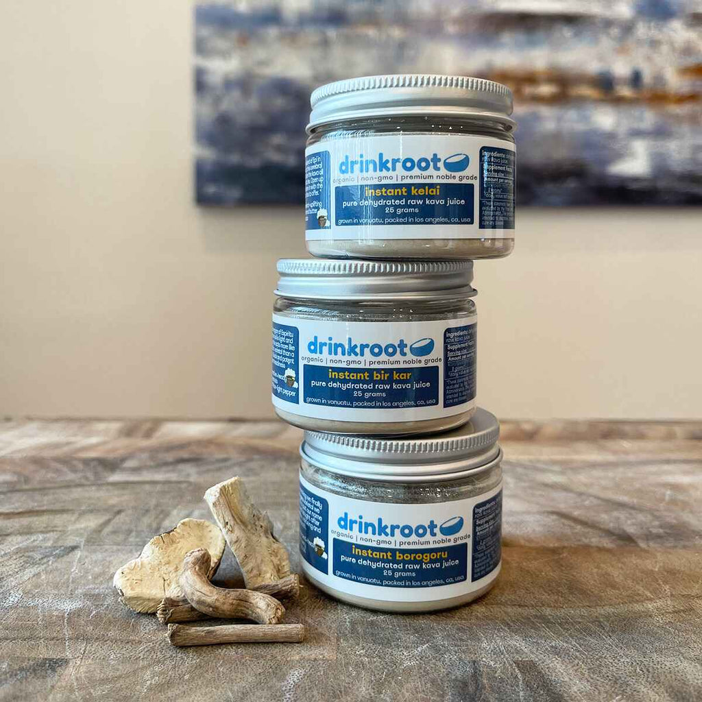 Reserve Kava Pack jar trio highlighting rare micro, lot origins, depth, nuance, and premium island character.