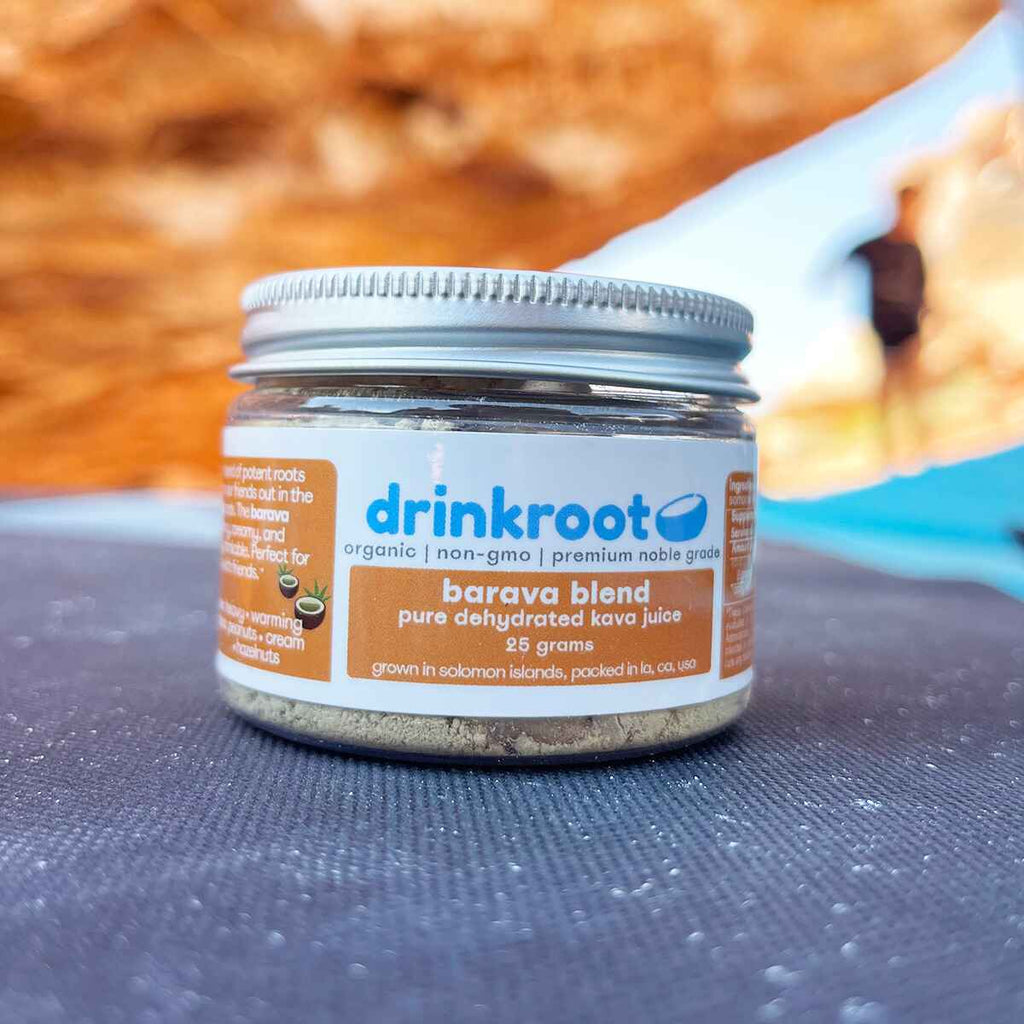 Barava Instant Kava jar highlighting creamy depth, walnut notes, and warm grounding body calm.