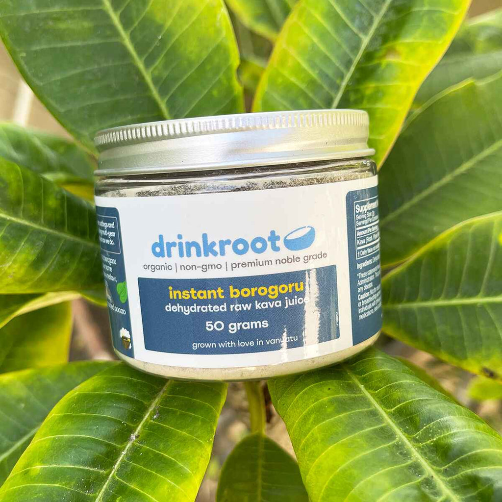 Borogoru Instant Kava jar conveying deep relaxing calm, earthy richness, and ceremonial depth.