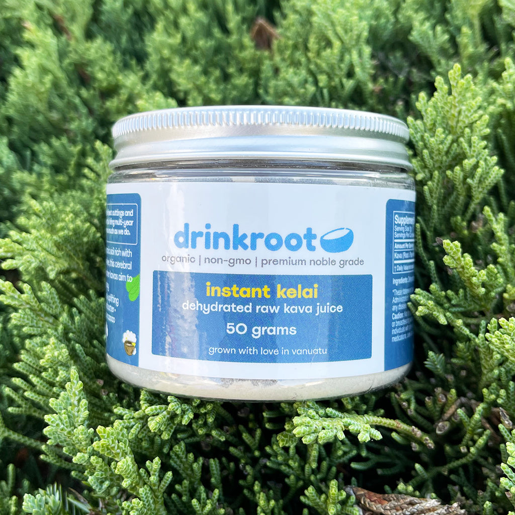 Kelai Instant Kava jar curated to evoke bright clarity, creamy texture, and heady euphoric energy.